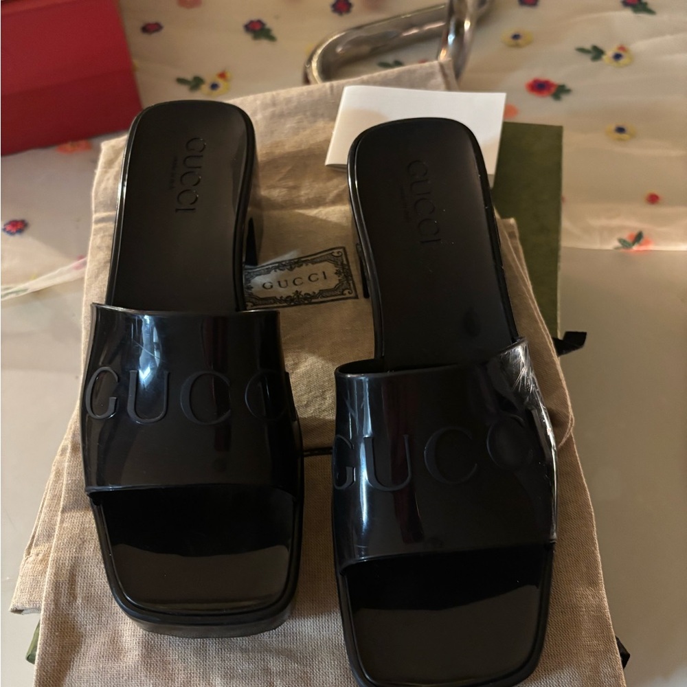 Gucci Glossy Black block heeled rubber sandals